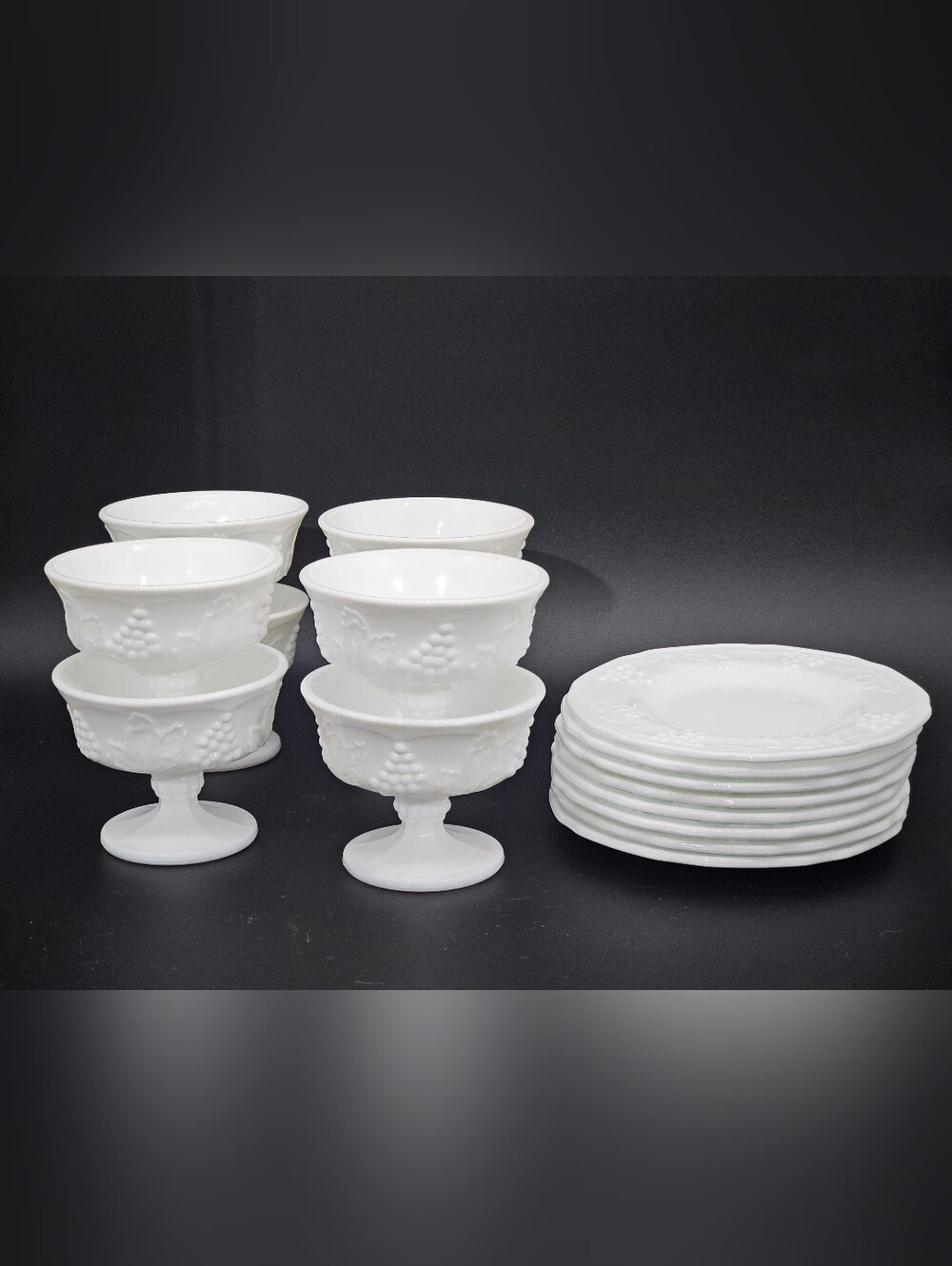 Vintage Indian Glass Colony Harvest Grape Milk Glass Set, Pedestal Compotes and